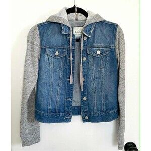 Juniors Denim Jacket with Gray Hoodie - Small - Casual Trendy Jacket